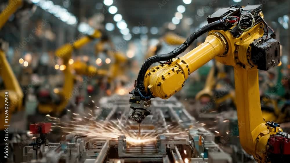 Aufkleber robotic precision in manufacturing: automated arms work seamlessly in a factory setting, with sparks