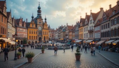 Fototapeta premium Blurred cityscape view of a bustling town square.