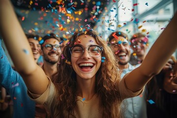Obraz premium joyful young woman with glasses celebrating amidst colorful confetti and happy friends at a lively party indoors