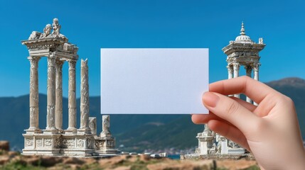 Hand Holding Blank Card in Front of Ancient Ruins Landscape