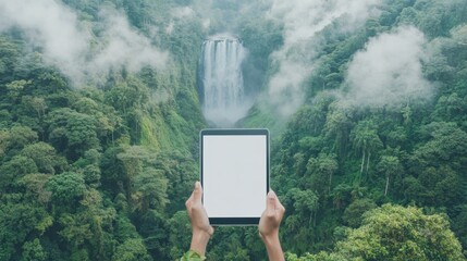 Hands Holding Tablet Displaying Blank Screen Near Lush Waterfall
