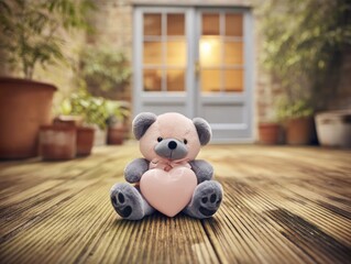 Teddy bear holding heart on patio