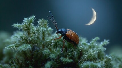 Nocturnal Insect on Moss Under Crescent Moon