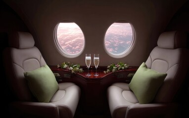 Private jet interior with champagne