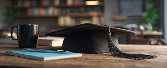 The graduation cap and coffee on a stylish wooden desk in a modern workspace.