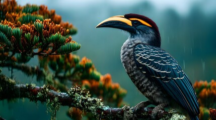 Obraz premium Tropical hornbill in flight, rainforest bird with colorful beak, jungle avian photography, endangered species in natural habitat