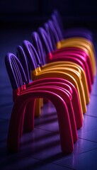 Row of colorful chairs in a dimly lit room