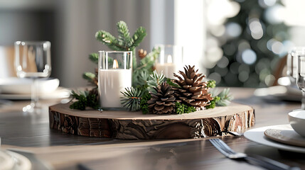 A rustic christmas centerpiece featuring candles, pinecones, and evergreen branches arranged on a wooden slice, creating a cozy and festive atmosphere on a dining table