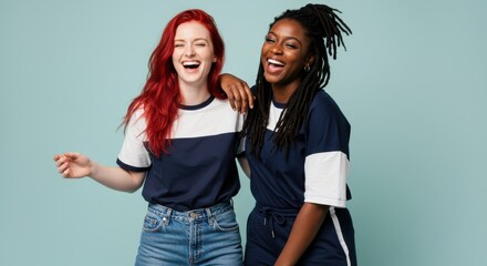 Two young women laughing joyfully against a light teal background friendship positive emotions casual attire