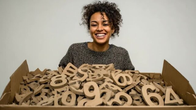 Mathematical Wonder: An joyful individual with a captivating smile gazes upon an abundance of numerals within a cardboard container, offering a distinctive visual metaphor for numeric analysis.