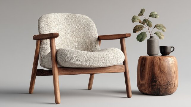 Natural walnut wood furniture with cotton-linen textiles in soft neutral tones, warm tactile feel, minimal clean background, calm and sustainable modern interior design style.