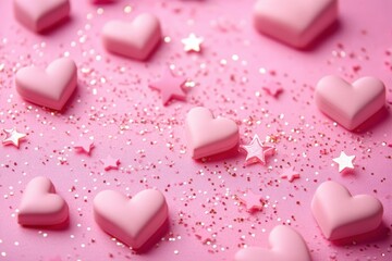Obraz premium Close-up of pink heart-shaped objects scattered on a pink surface with shiny glitter and star-shaped confetti creating a festive and romantic atmosphere