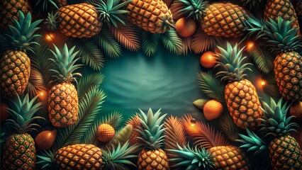 Fototapeta premium Tropical Summer Party Pineapple Themed Frame with Repeating Pattern