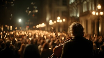 A violinist plays for a crowd at night in an urban setting with city lights creating a warm bokeh effect.