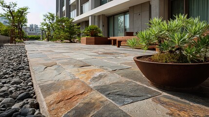 A close-up of earthy-toned slate patio stones showcases a sleek modern design and natural texture underfoot.
