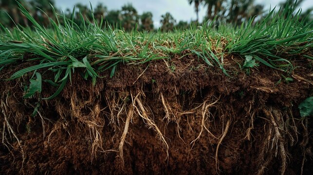 Underground root structures anchor lush green grass, highlighting ecosystem health and natural resilience.
