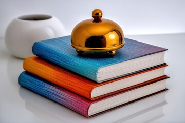 Stacked books and a gold bell