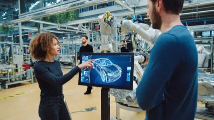 Tech Team's Automotive Assembly: Two engineers collaborate in a cutting-edge automotive factory. They focus on a digital blueprint to boost manufacturing production