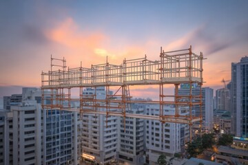 Elevated scaffolding at sunrise over cityscape