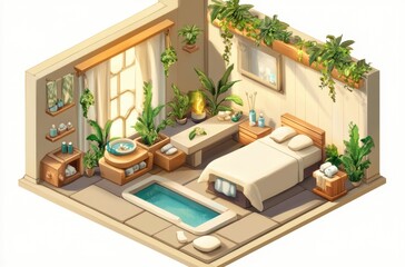 Cute isometric spa room with characters getting shoulder