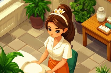 Cute isometric spa room with characters getting shoulder