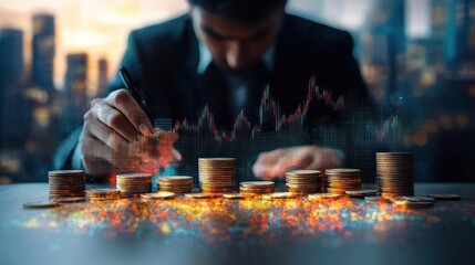 Businessman counting and stacking coins on a table with digital financial graph overlay and city skyline background conveying investment and financial growth