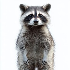Obraz premium Close-up of a curious raccoon standing on its hind legs with detailed fur and bright eyes against a white background