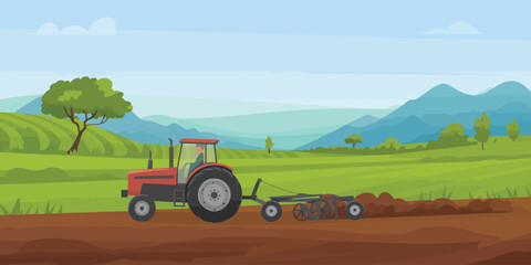 Fototapeta premium Farming Tractor Tilling Soil in Picturesque Countryside Landscape