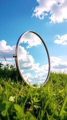 Sky Reflection in a Circular Mirror on a Grassy Field