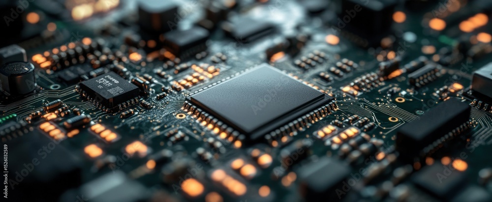 Poster detailed close-up of a circuit board featuring a microchip and illuminated components. this image hi