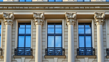 Obraz premium Neoclassical Building Facade With Columns and Windows, Representing Architectural Heritage and Real Estate Investment Opportunities