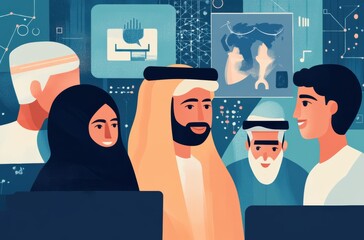 Emirati business leader mentoring young team using tablet