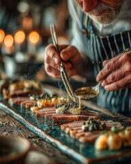 Chef Garnishing Seared Tuna Slices with Black Pepper and Sauce - Close-up of Gourmet Food Preparation in Restaurant Kitchen