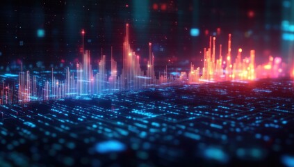 Fototapeta na wymiar Vibrant digital data visualization with glowing vertical bars in blue and orange colors against a dark background representing information flow and technological energy