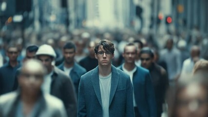 Navigating the Crowd: A solitary figure stands out amidst the dense flow of a bustling city street, embodying the feeling of solitude within a crowd.