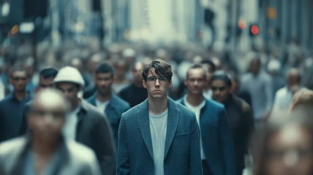 Navigating the Crowd: A solitary figure stands out amidst the dense flow of a bustling city street, embodying the feeling of solitude within a crowd.