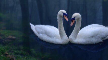 Two swans facing each other in a misty forest