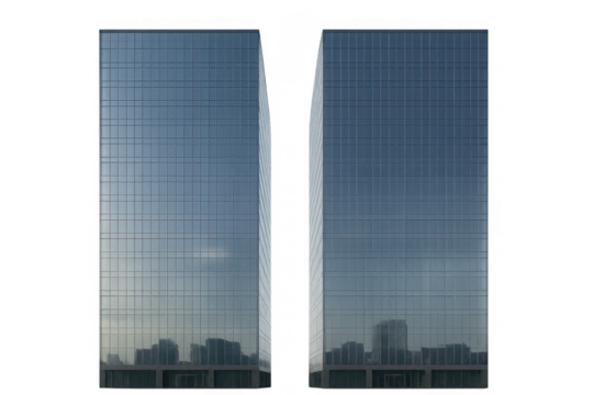 Glass skyscrapers rising vertically, mirroring urban landscape, reflecting cityscape with transparent backdrop, embodying contemporary architectural design