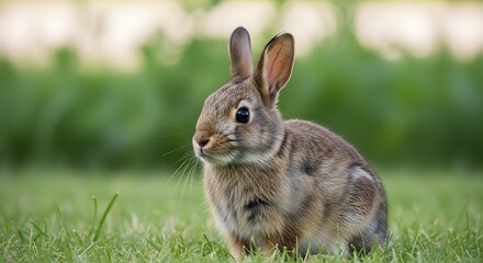 Fototapeta premium Cute Brown Rabbit Sitting in Green Grass, Spring Wildlife Portrait