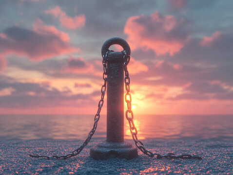 A metal mooring post with chains stands on a sandy beach at sunset. The sky is filled with colorful clouds reflecting the warm light of the setting sun.
