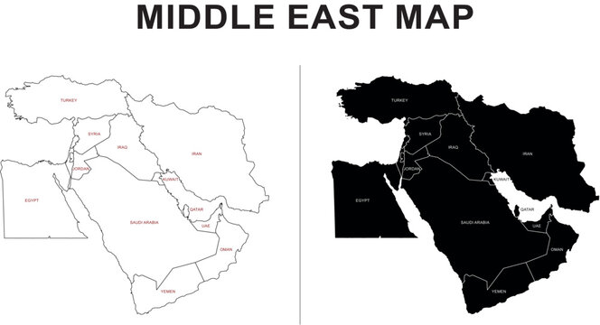 Map of the Middle East in Outline and Solid blocks with the names of the countries 