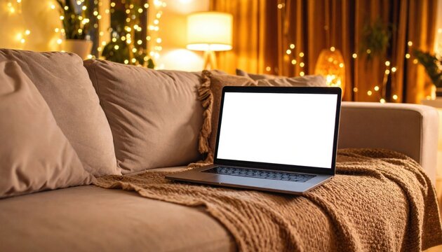 Laptop On Cozy Sofa In Warm Living Room