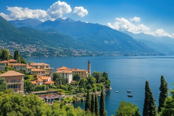 Explore a breathtaking view of Lake Como, showcasing charming architecture, lush greenery, and stunning mountains under a bright blue sky. Ideal for travel themes.