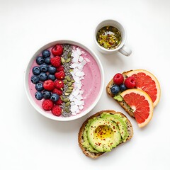 Healthy Breakfast with Smoothie Bowl, Avocado Toast, and Fresh Fruits