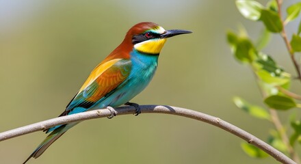 Fototapeta premium Vibrant European Bee-eater Perched on a Branch: A Colorful Wildlife Portrait