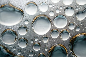 Close-up view of various sizes of water droplets with smooth reflections on a glass surface creating an abstract pattern