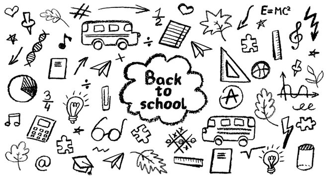 Charcoal school doodles on blackboard background. Fun hand-drawn icons for back to school themes. Cute childish education black pastel or wax pencil signs. Grunge vector illustration classroom symbols