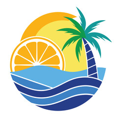 Obraz premium Stylized Beach with Orange Slice, Palm Tree, Sun, and Wavy Sea Design