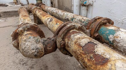 Fototapeta premium Damaged plumbing with corroded surfaces and mineral deposits reveals long-term wear. 
