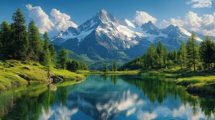 Clear mountain lake reflecting tall snow-capped peaks surrounded by green pine trees and lush grass under a bright blue sky with white fluffy clouds